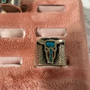 Silver and Turquoise Bull Skull Ring